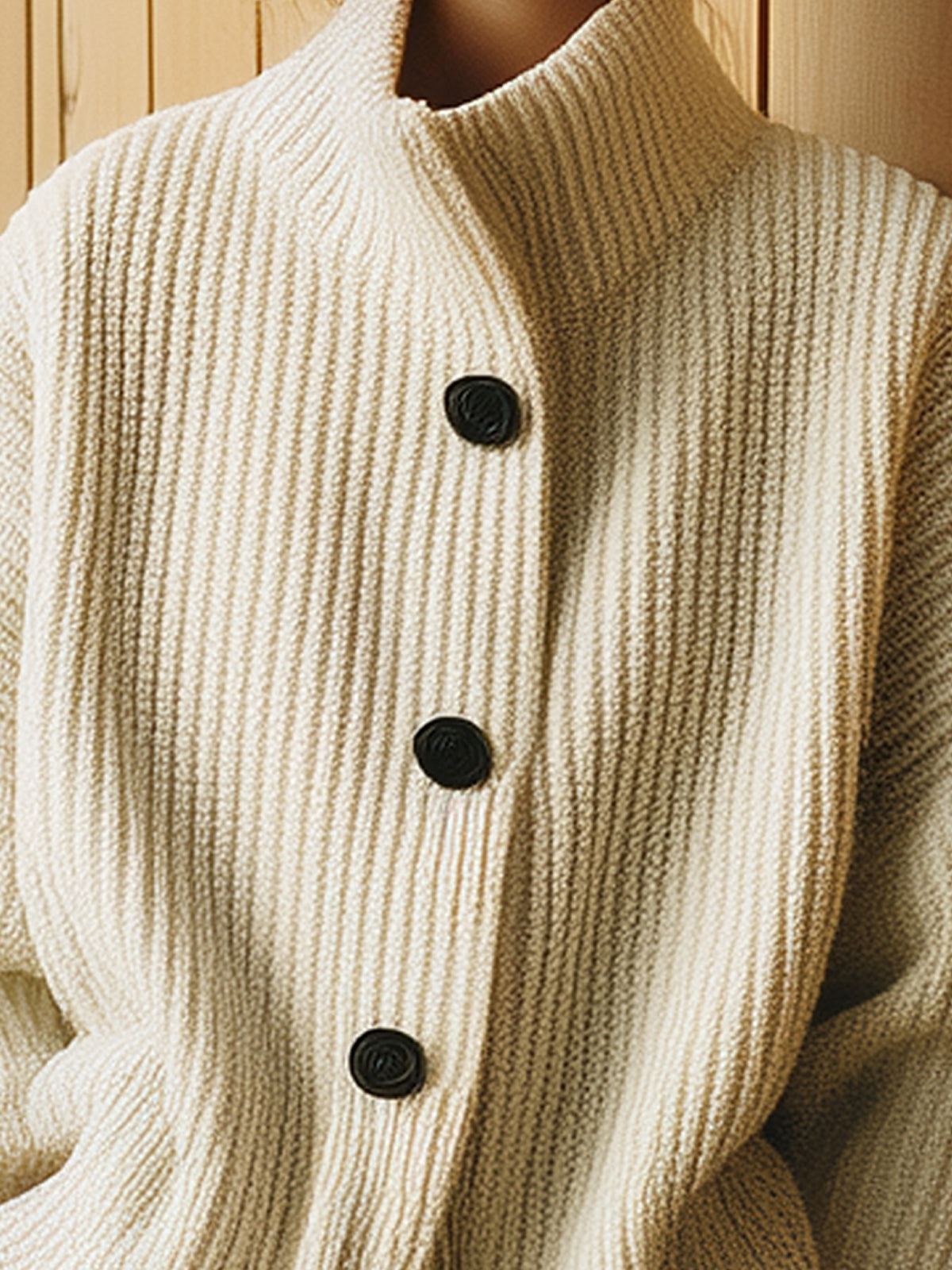 Taidalw Chic Vintage Beige Stand Collar Single-Breasted Long-Sleeve Oversized Ribbed Knit Cardigan