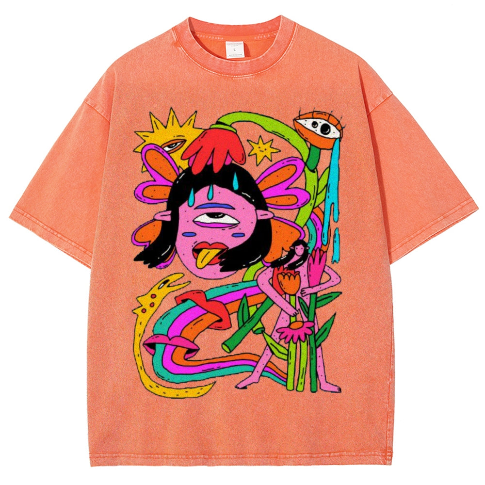 Unisex Abstract Art Human Face Eyes Printed Washed Tee