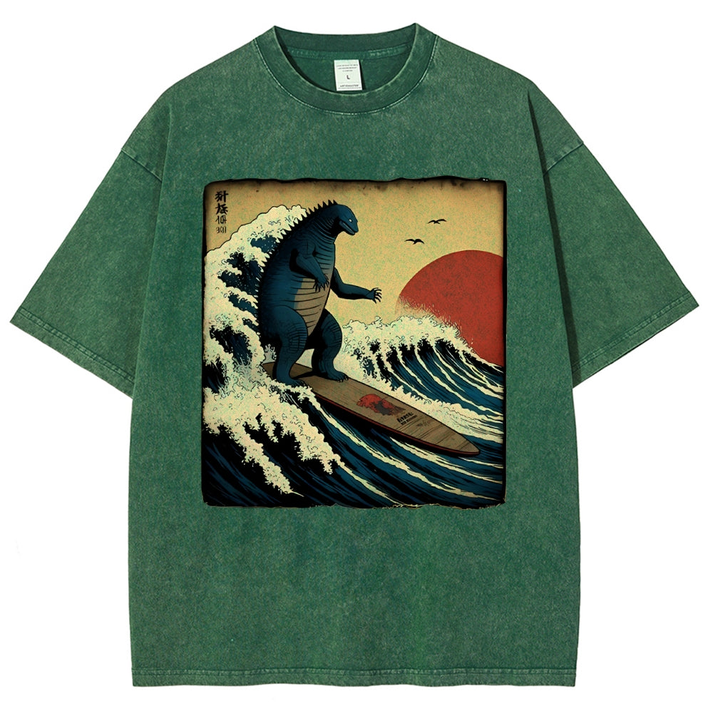 Unisex Vintage Japanese illustration Printed Washed Tee