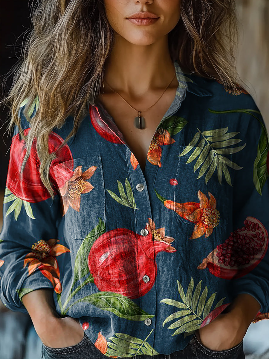 Women's Pomegranate Art Print Casual Long Sleeve Comfortable Cotton Shirt