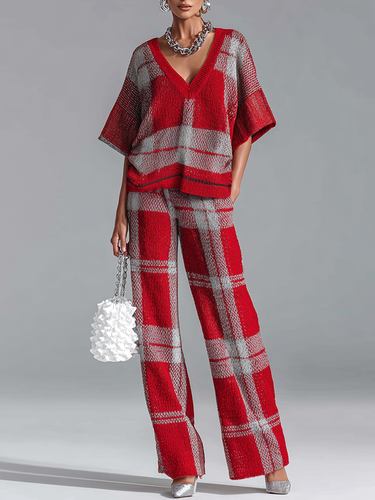 Taidalw Chic Casual Red-Gray Check Jacquard V-Neck Short-Sleeve Loose-Fit Top Wide-Leg Pants Ribbed Knit Two-Piece Set
