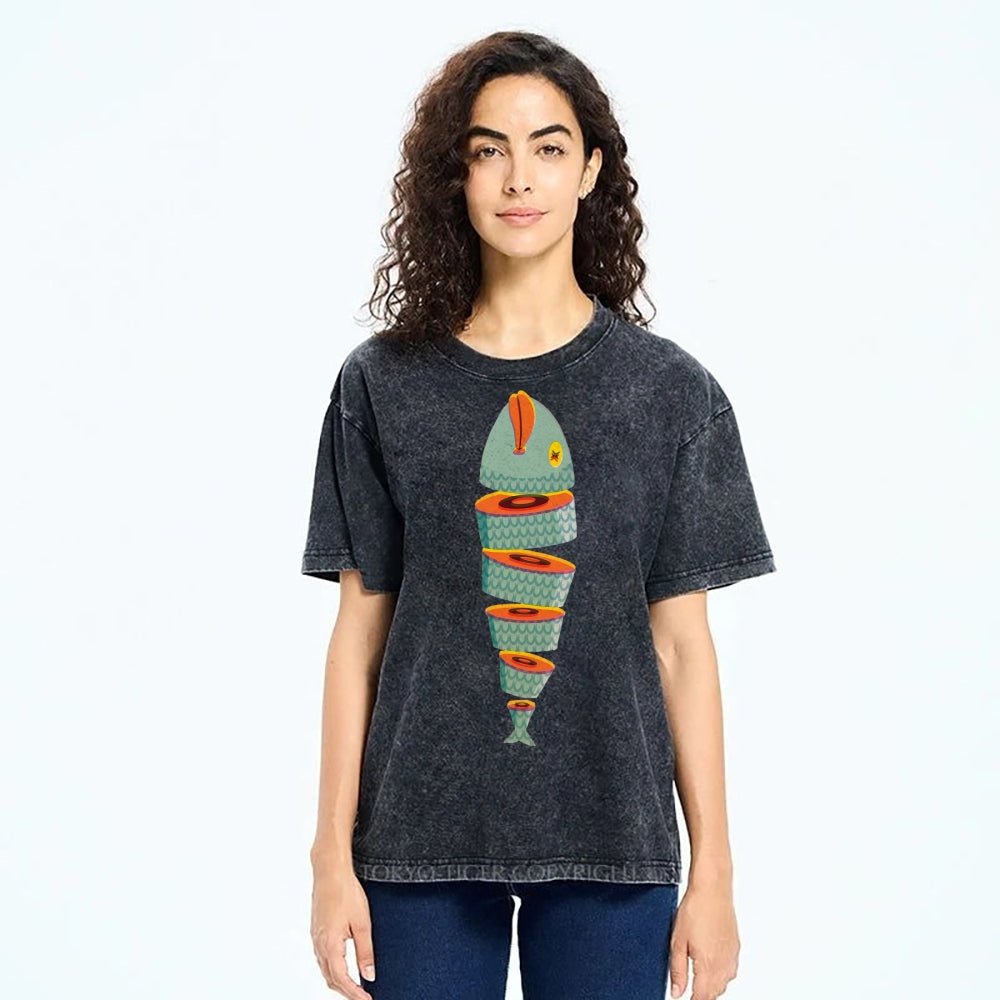 Unisex Fish Printed Washed Tee
