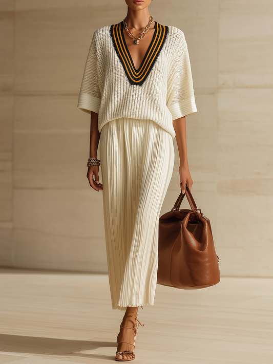 TaidalwStylish Elegant White Colorblock V-Neck Loose Short-Sleeved Sweater Skirt Ribbed Knit Two-piece Set