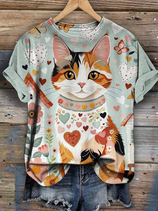 Floral Cat Print Casual Short Sleeve Top