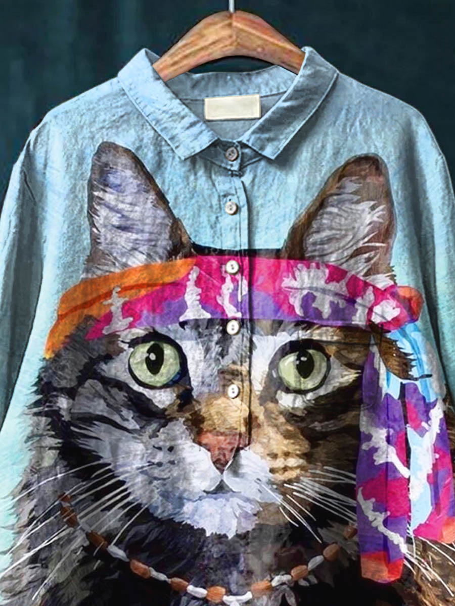 Peace And Love Cat Art Pattern Print Casual Cotton And Linen Shirt