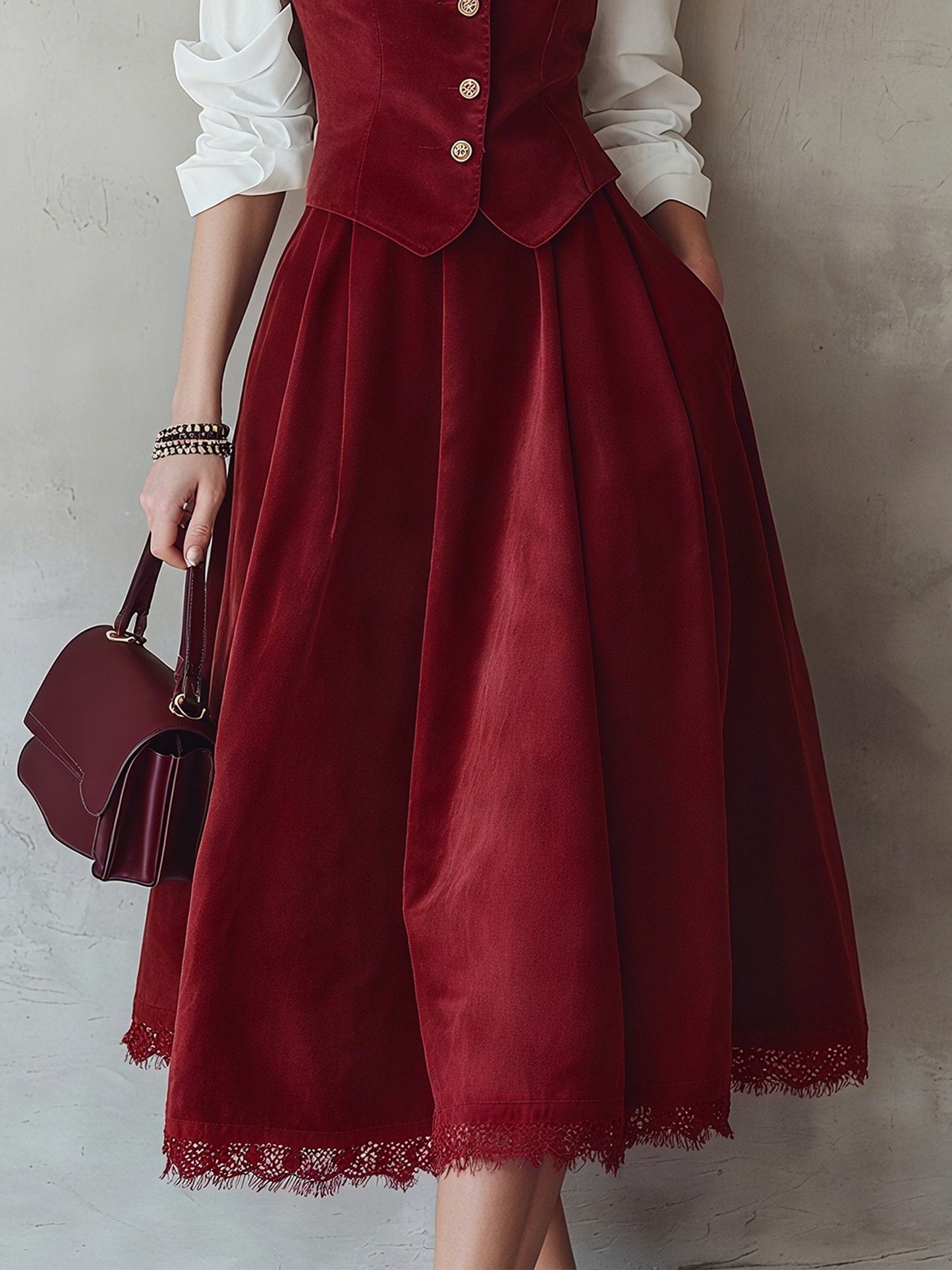 Midi Cotton Skirt, Plain, Pocket Design, Vintage, Green