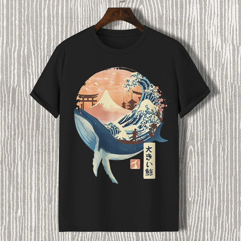 Whale Mount Fuji Ukiyoe Japanese Art Print Cotton Casual T-shirt