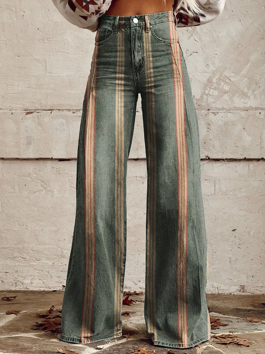 Women's Green Stripe Print Casual Wide Leg Pants