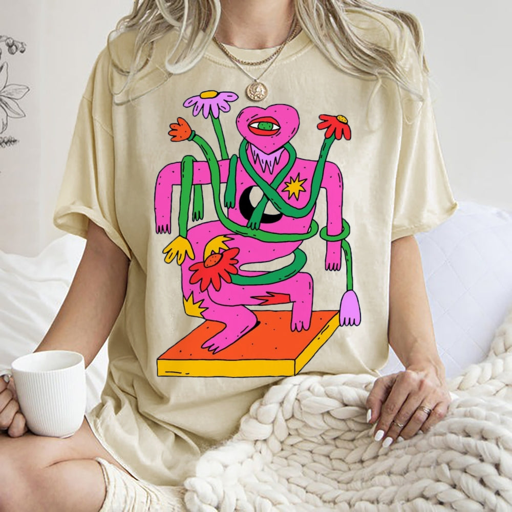 Unisex Abstract Art Flower Portrait Printed Washed Tee