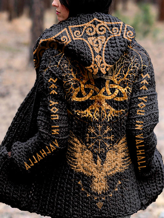 Retro Viking Witch Runes See You In Valhalla Print Hooded Cardigan Sweater