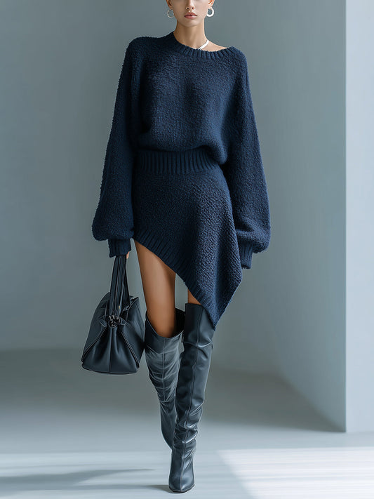 Taidalw Chic Vintage Navy Blue Round Neck Lantern Sleeve Loose Sweater Top Asymmetrical Hem Mini Skirt Ribbed Knit Two-Piece Set