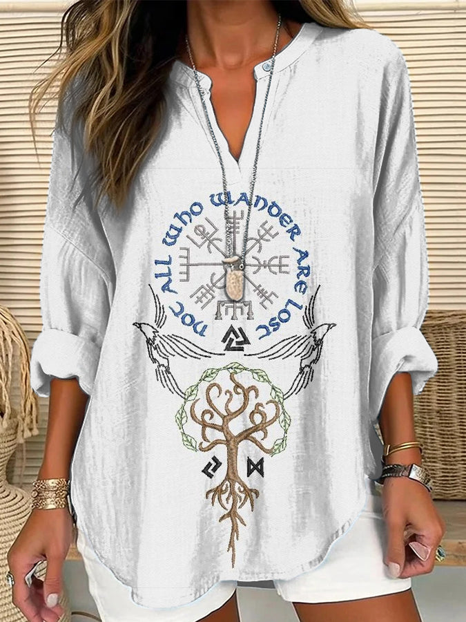 Viking Rune Embroidery Pattern Women's V-Neck Linen Blend Shirt