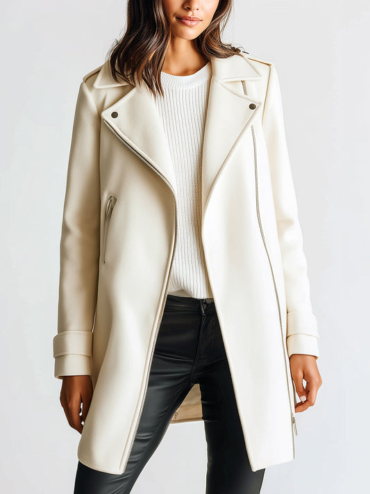 Taidalw Chic Casual Cream White Wool Blend Lapel Asymmetric Zip Biker Style Mid-Length Warm Coat