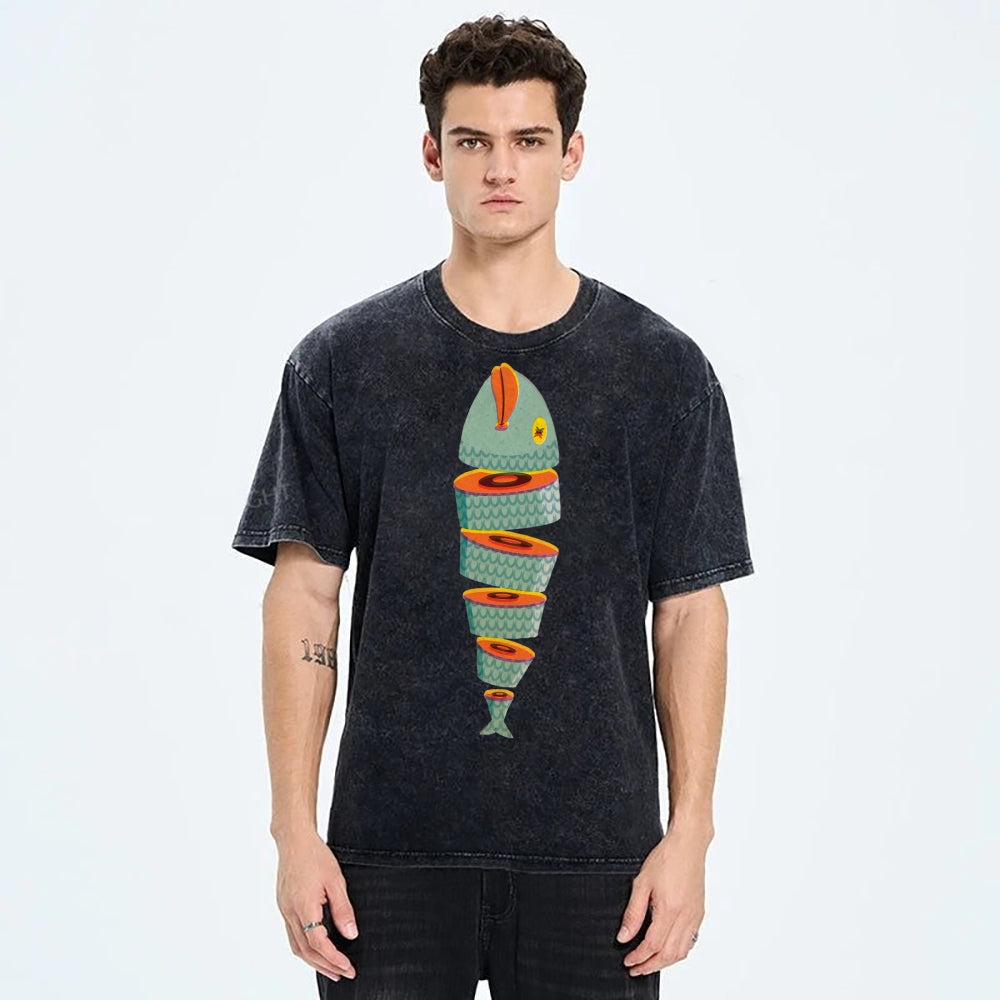Unisex Fish Printed Washed Tee
