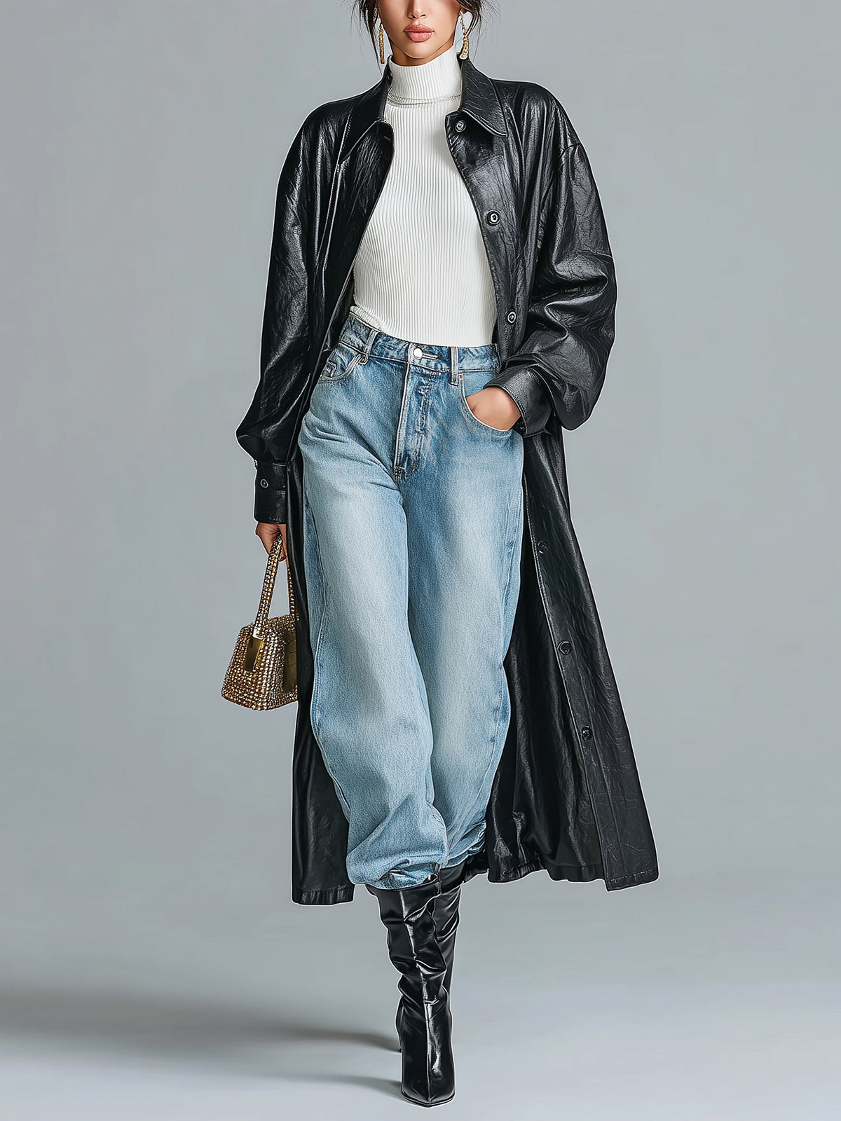 Taidalw Chic Vintage Black Faux Leather Lapel Single Breasted Long Sleeve Oversized Maxi Trench Coat