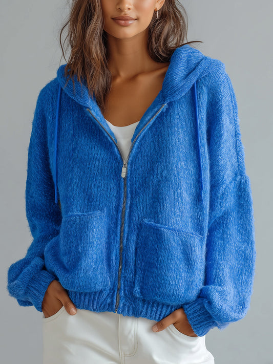 Taidalw Casual Chic Royal Blue Hooded Full-Zip Double Pocket Oversized Knit Slouchy Cardigan