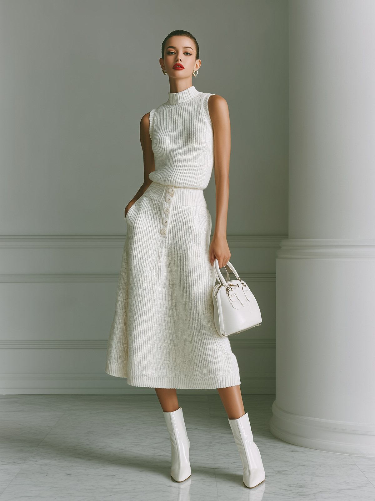 Taidalw Chic Elegant White Mock Neck Sleeveless Oversize Sweater Top And A-Line Button Patch Pocket Midi Skirt Knit Two-Piece Set