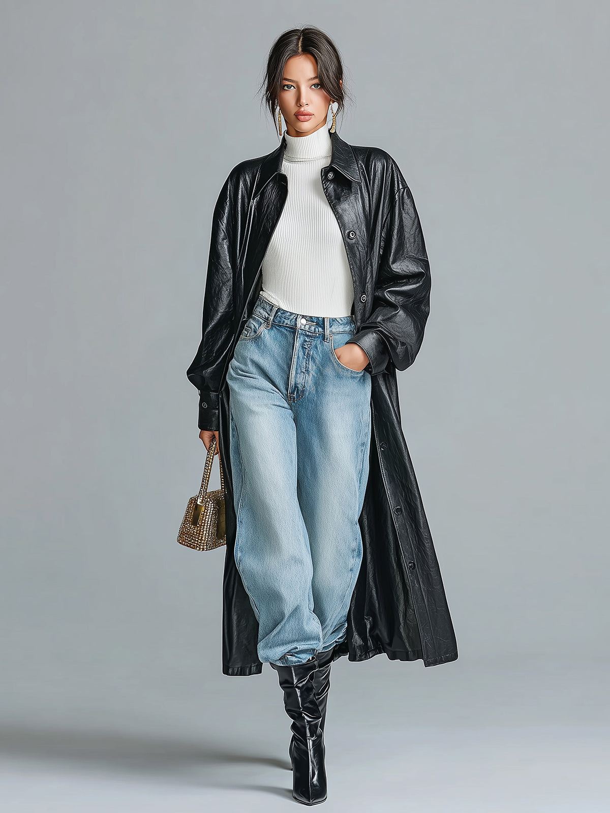 Taidalw Chic Vintage Black Faux Leather Lapel Single Breasted Long Sleeve Oversized Maxi Trench Coat