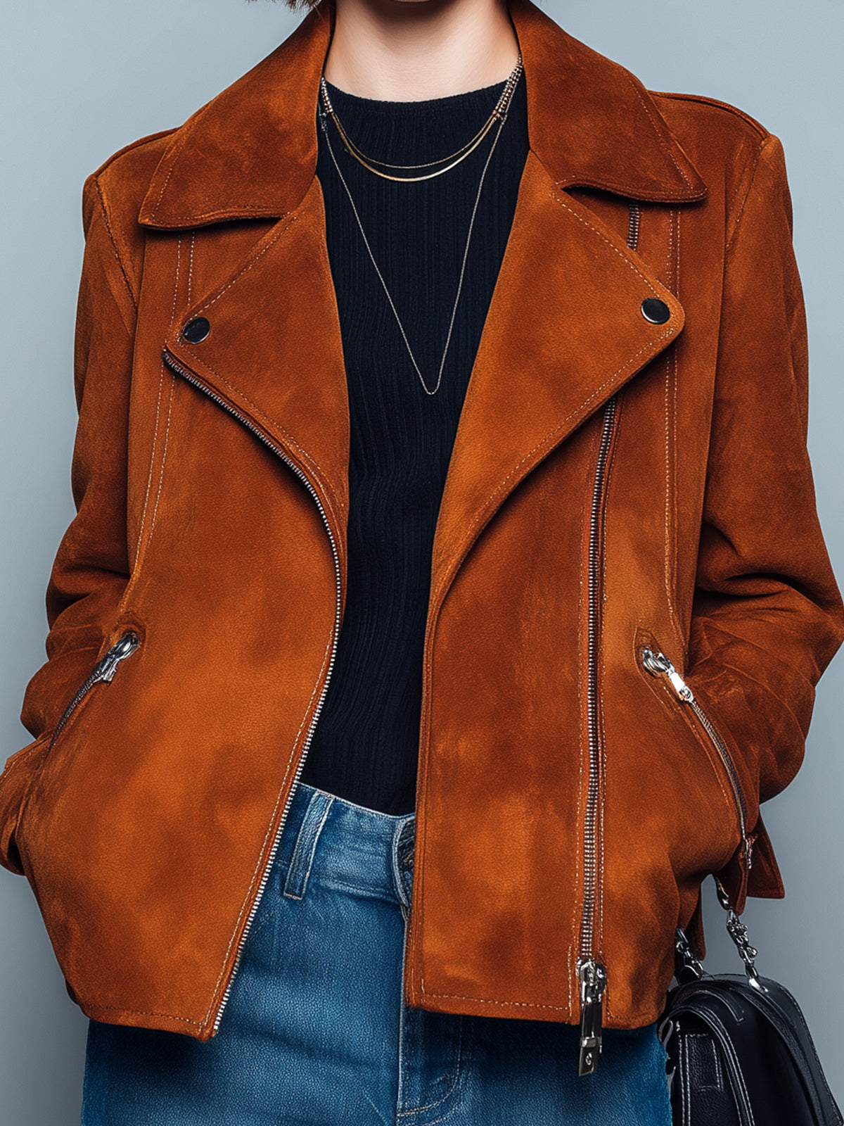 Taidalw Chic Vintage Caramel Brown Faux Suede Lapel Zipper-Front Biker Style Cropped Jacket