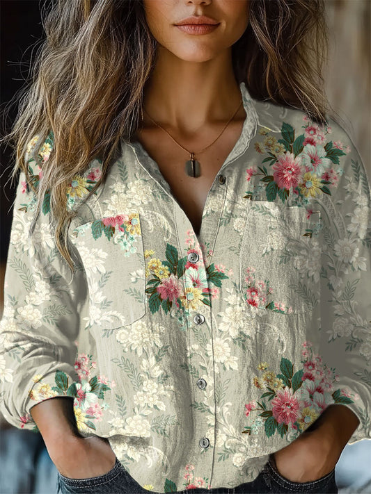 Women's  Romantic Lace Floral  Art Print Casual Long Sleeve Comfortable Cotton Shirt