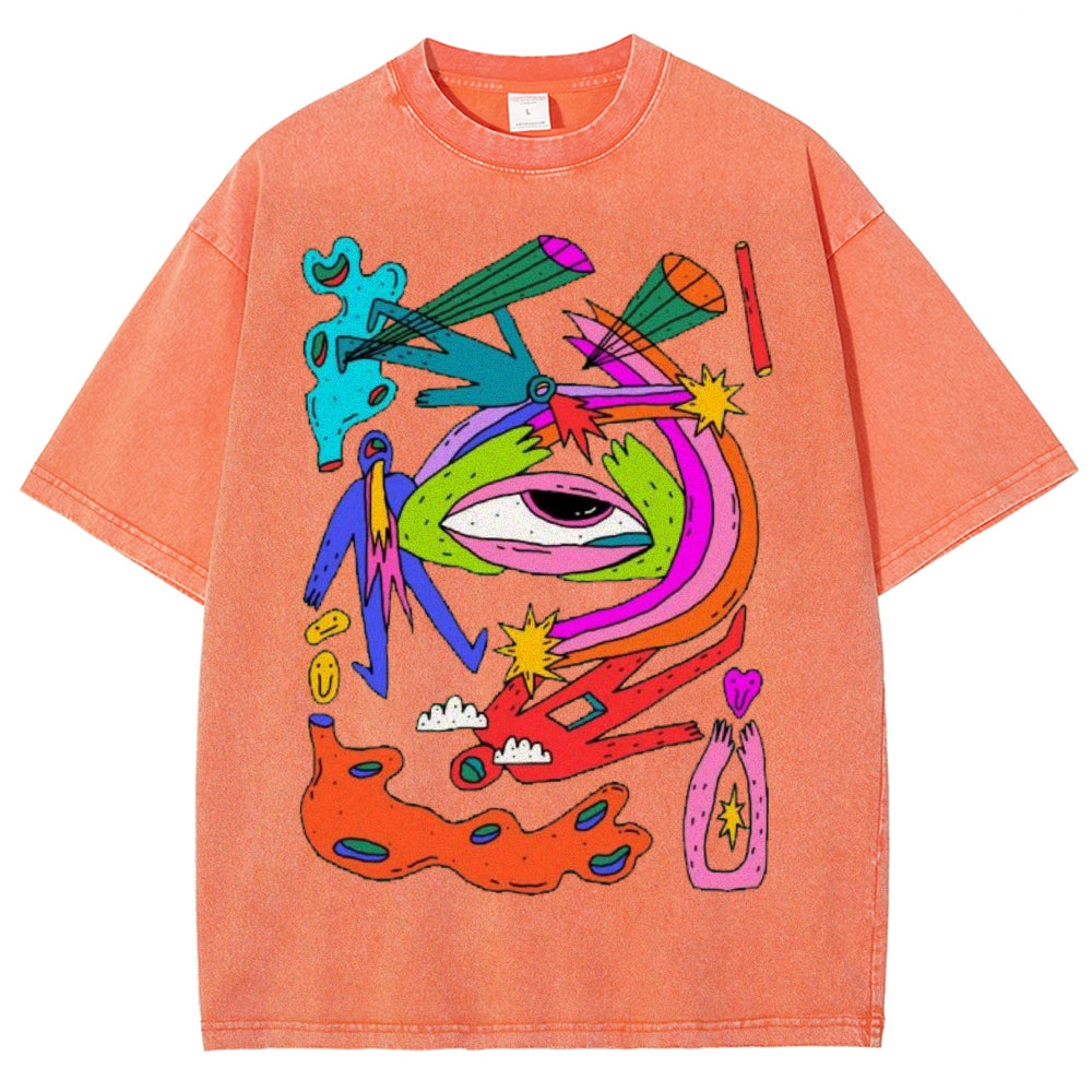 Unisex Abstract Art Eyes Printed Washed Tee