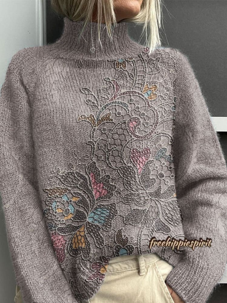 Vintage Floral Art Print Knit Turtleneck Pullover Sweater