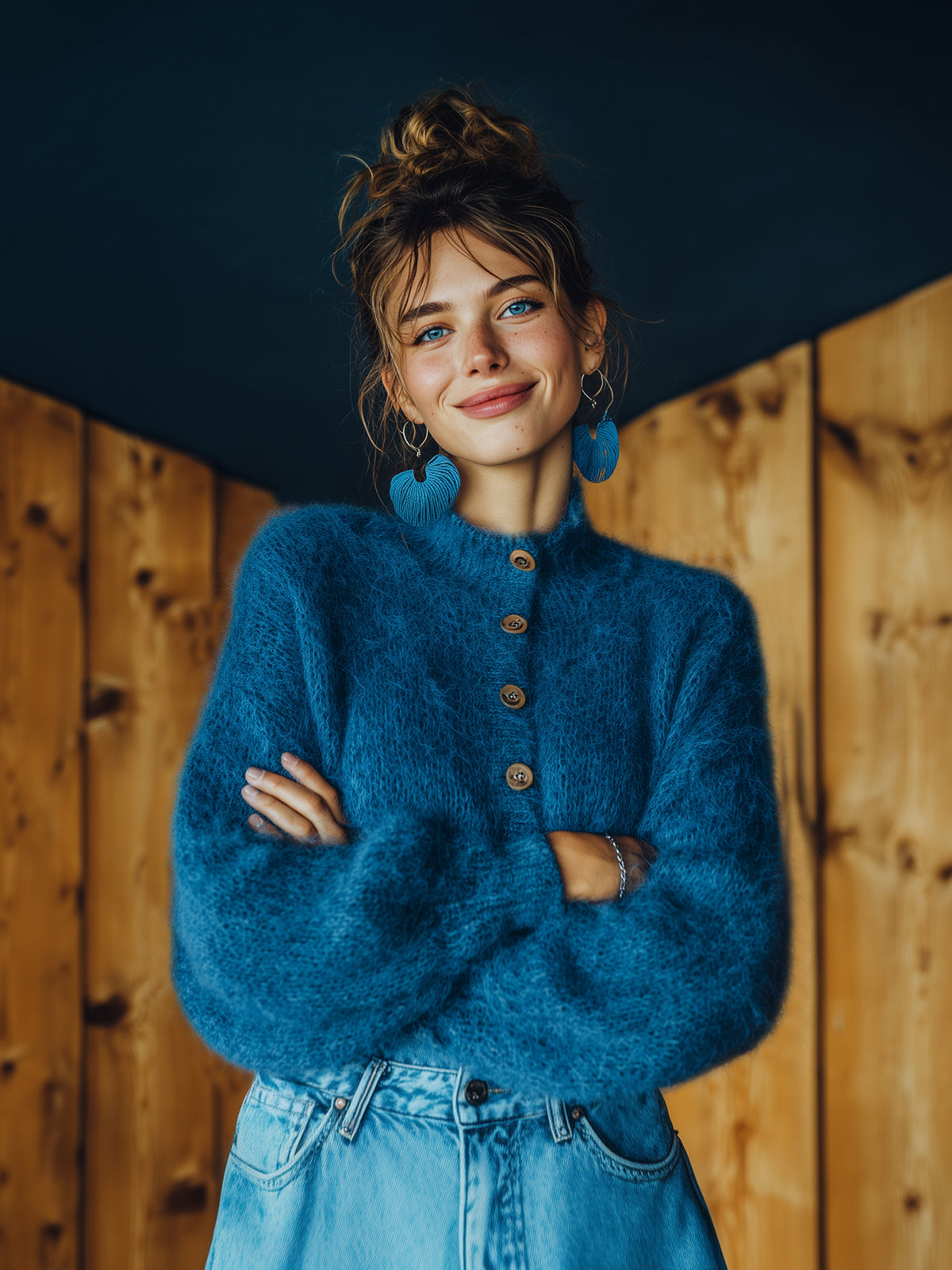 Taidalw Chic Vintage Royal Blue Stand Collar Single-breasted Lantern Sleeve Slim Fit Fuzzy Knit Cardigan