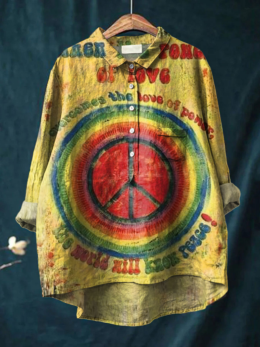 Women's Colorful Anti-war Peace Sign Print Casual Cotton And Linen Shirt