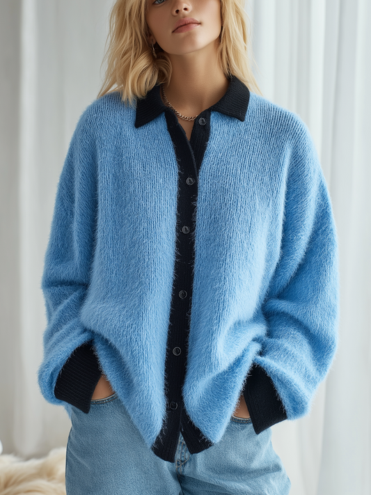 Taidalw Chic Vintage Blue Black Colorblock Polo Collar Single-Breasted Long Sleeve Oversized Fuzzy Knit Cardigan