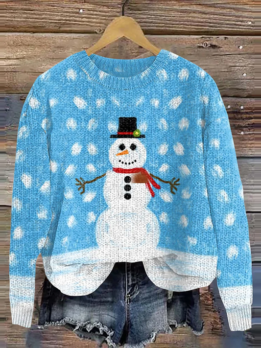 Women's Christmas Snowman Print Crew Neck Casual Knit Pullover