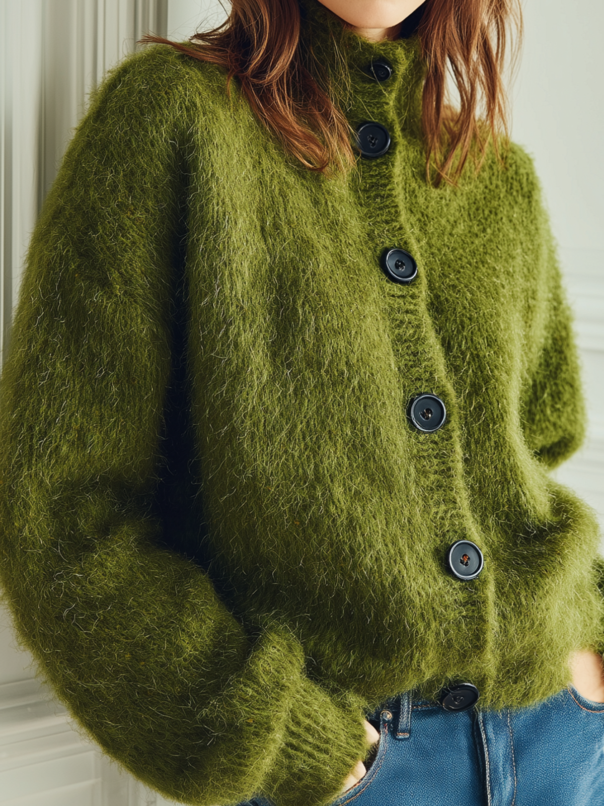 Taidalw Chic Vintage Green Stand Collar Single-breasted Long Sleeve Oversized Fuzzy Knit Cardigan