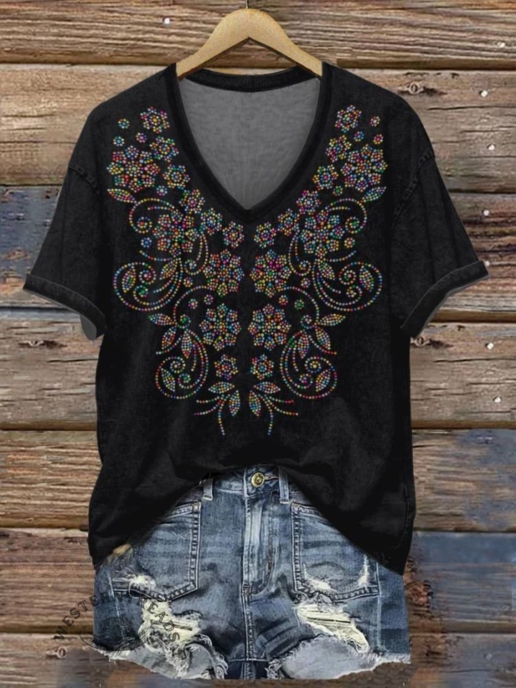 Women's Flower Print V-neck Casual T-Shirt