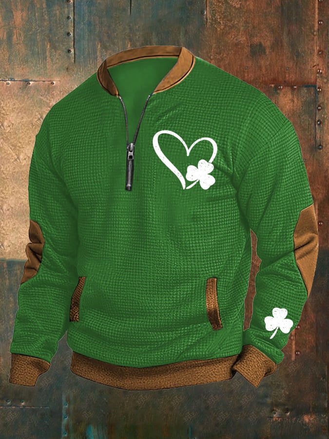 Men's Vintage Shamrock Waffle Contrast Pocket Zipper Henley Sweatshirt