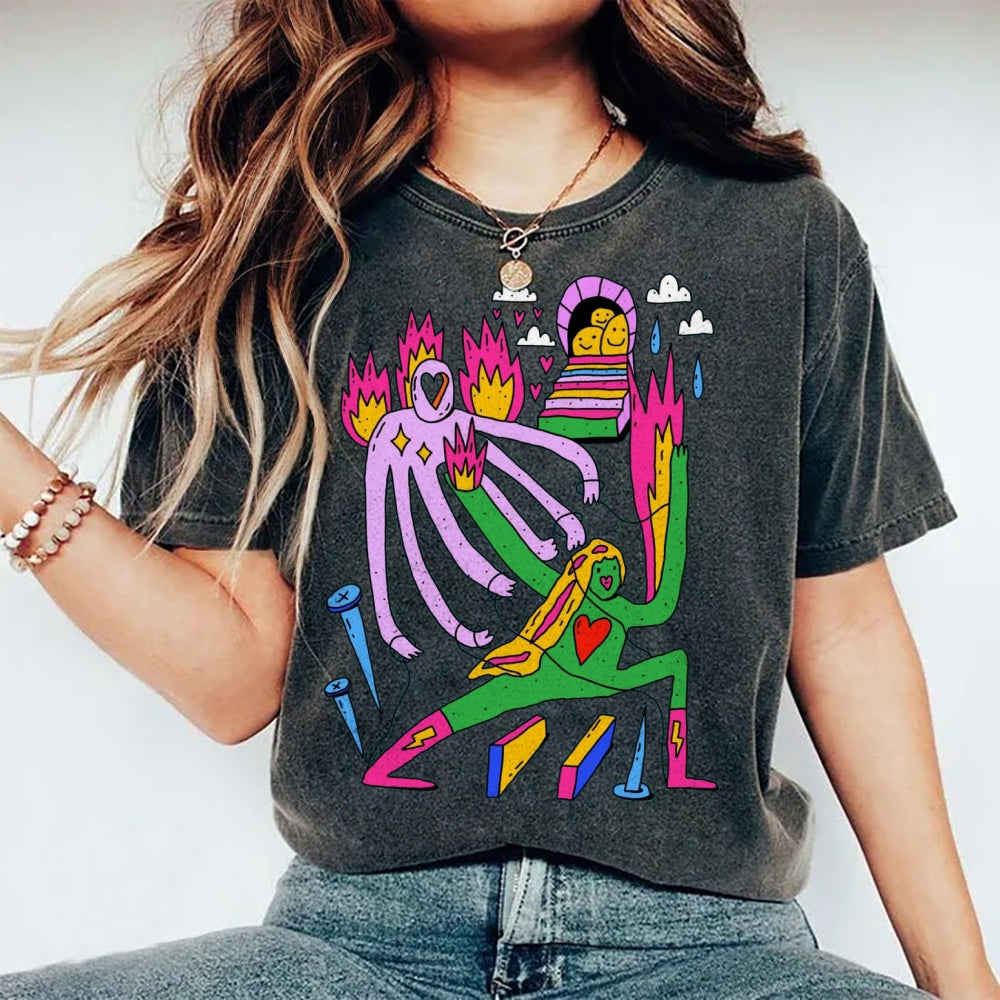 Unisex Art Abstract People Printed Washed Tee