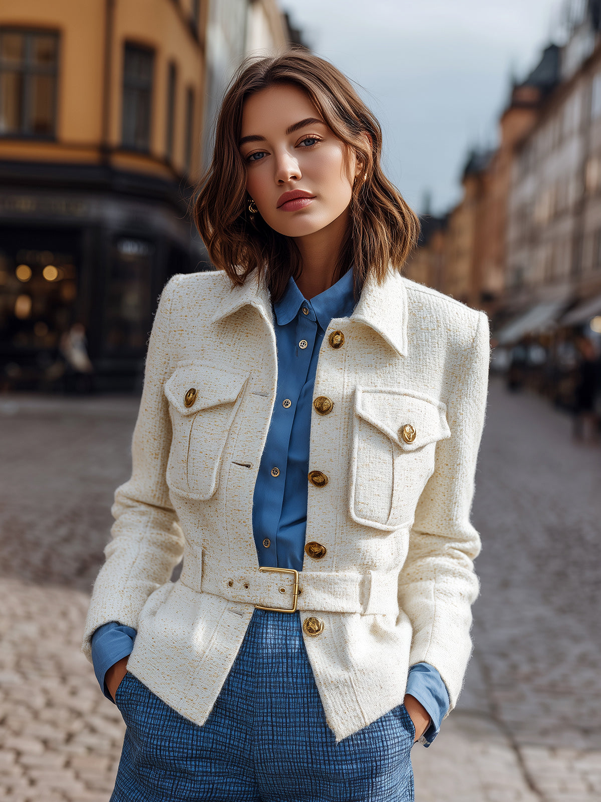 Taidalw Vintage Casual Wool Blend Lapel Collar Metal Button Single-Breasted Belted Jacket