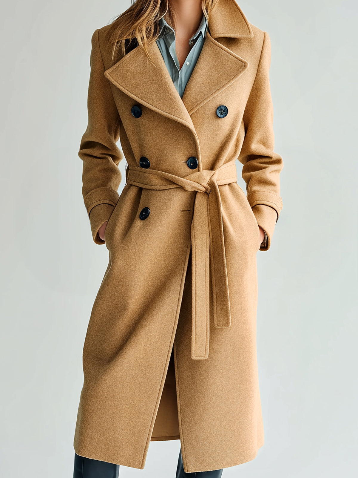Taidalw Chic Vintage Camel Wool Blend Oversized Lapel Double-Breasted Belted Mid-Length Warm Coat