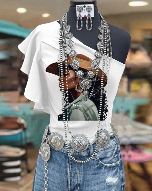 One Shoulder Ruffle Sleeve Cool Black Cowgirl Print Top
