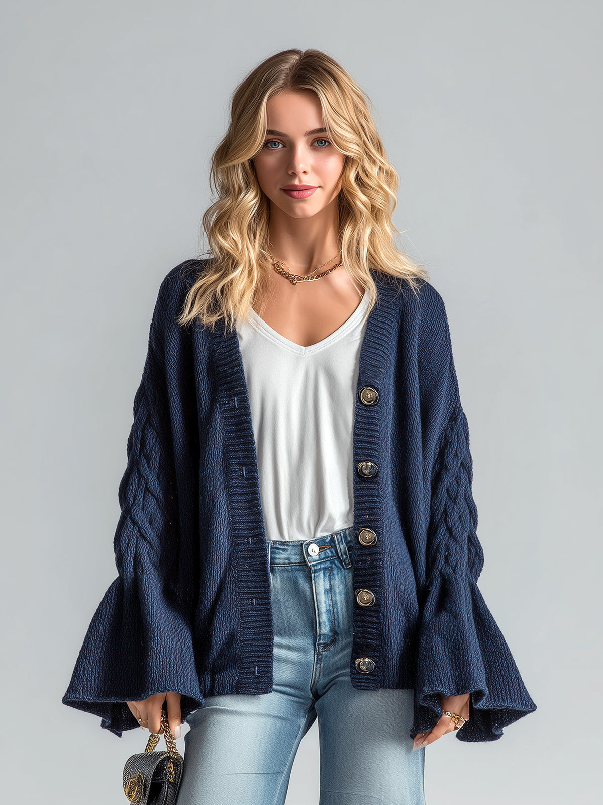 Taidalw Chic Vintage Navy V-Neck Single-Breasted Bell Sleeve Oversized Cable-Knit Cardigan