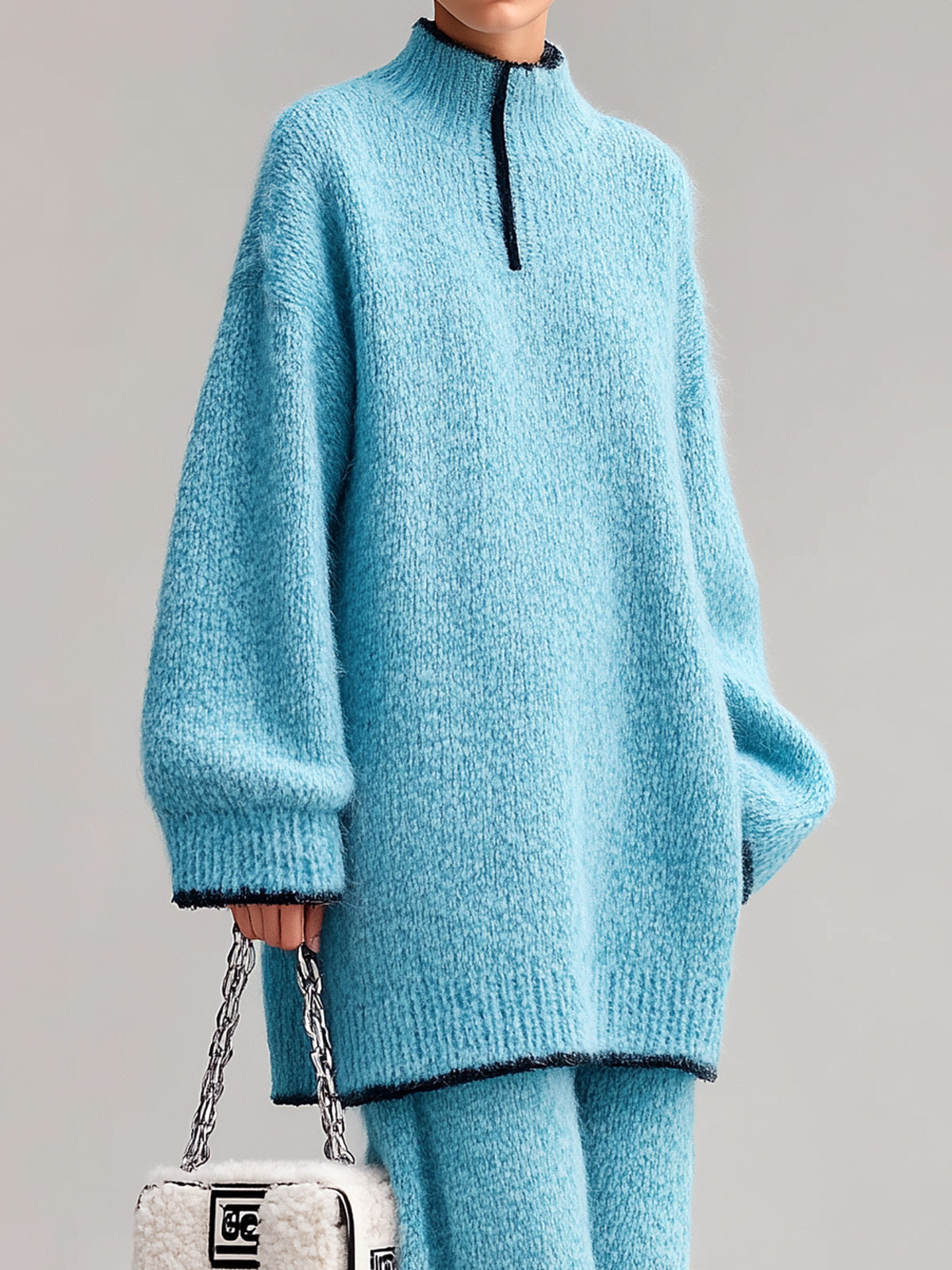 Taidalw Chic Casual Baby Blue Fuzzy Half-Zip Mock Neck Contrast Trim Long-Sleeve Sweater Cuffed Pants Oversized Knit Two-Piece Set