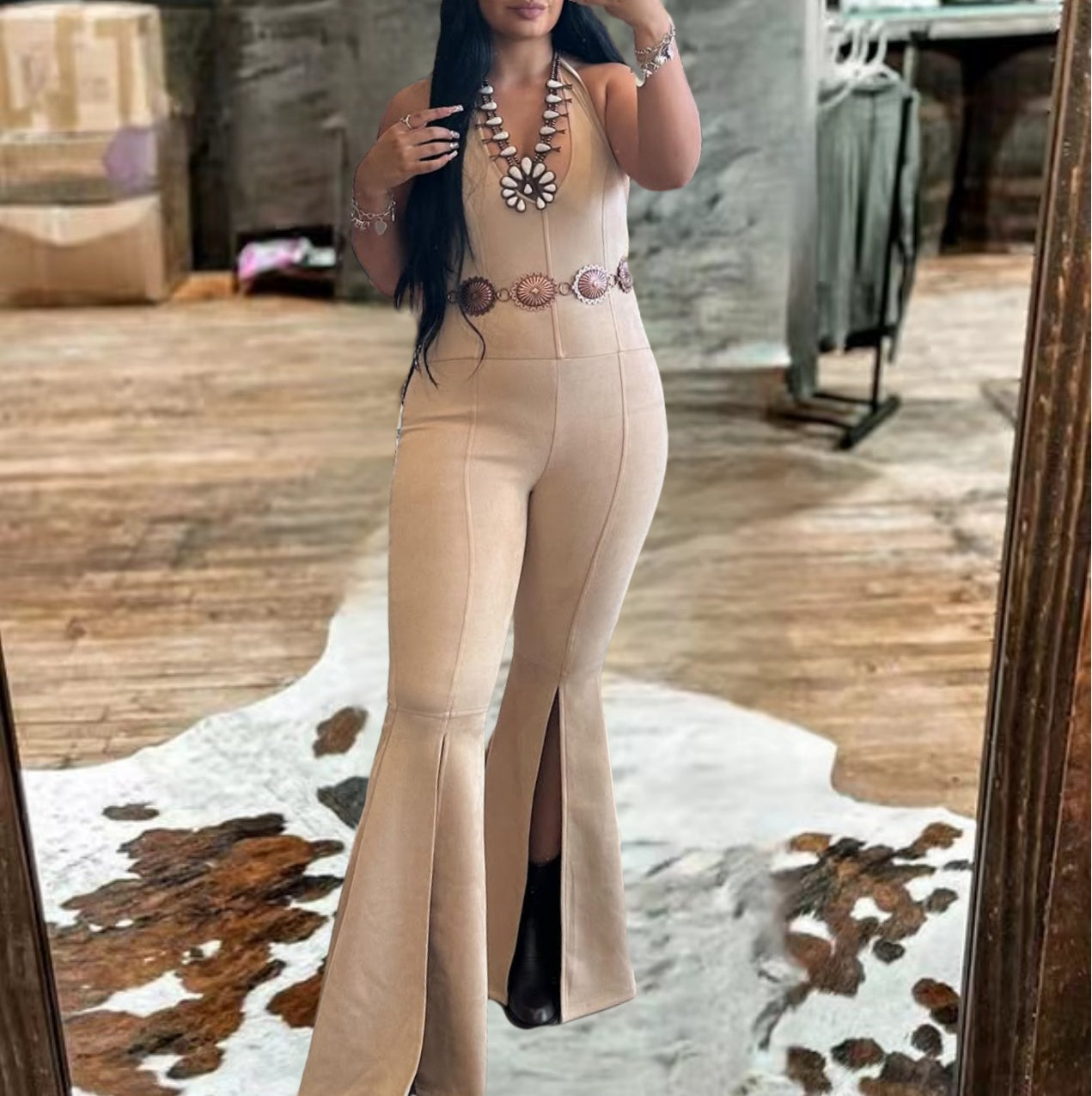 Western Deep V Cream Suede Jumpsuit