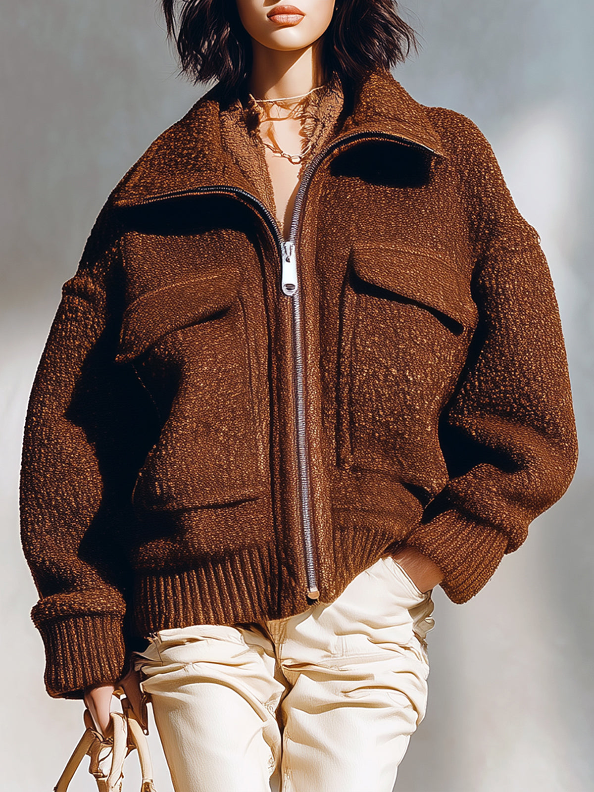 Taidalw Chic Vintage Dark Brown Wool Blend Lapel Zip-Up Multi-Pocket Slouchy Short Jacket