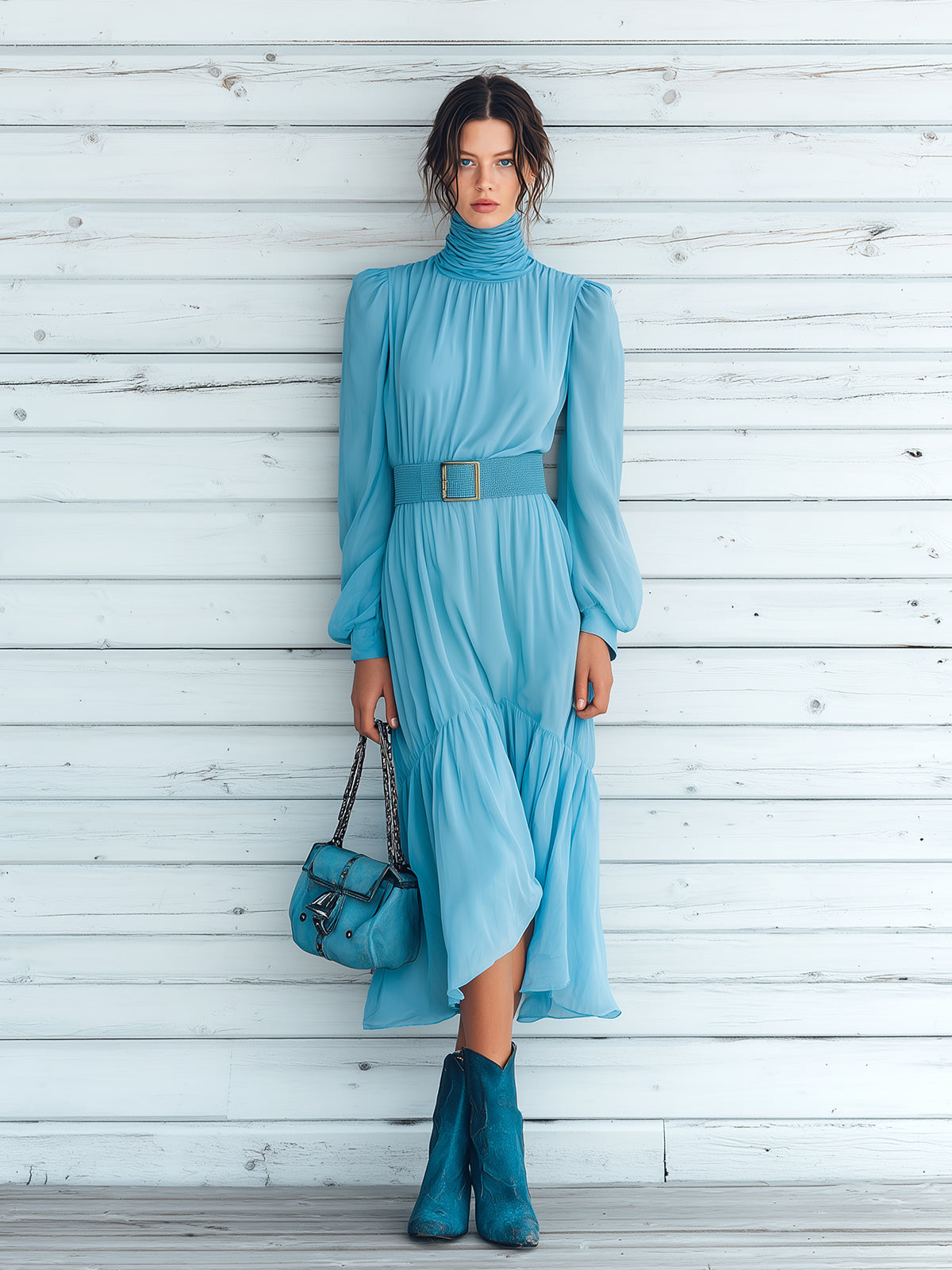 Taidalw Chic Vintage Blue Chiffon Turtleneck Long Lantern Sleeve Belted Tailored Waist Ruffled Hem Maxi Dress