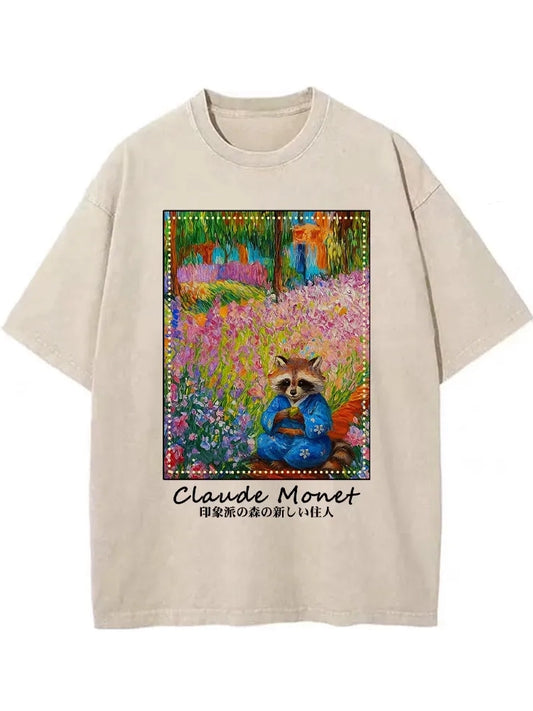 Impressionist Raccoon Garden Tea Washed T-shirt