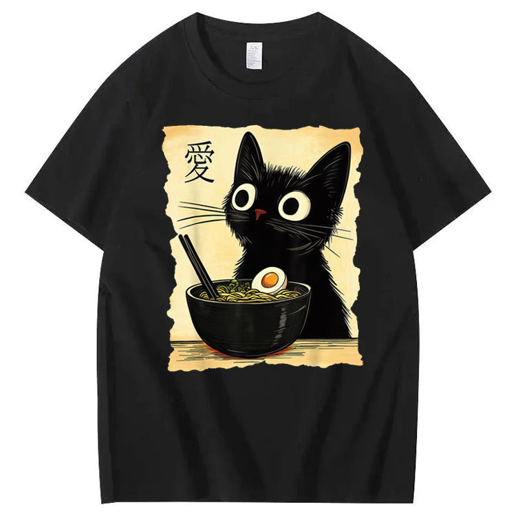 Funny Cat Ramen Graphic Tee Japanese Kawaii Anime Cat 100% Cotton T-Shirt