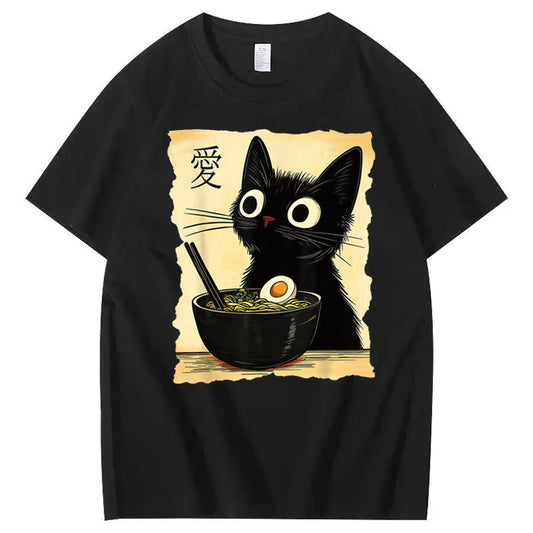Funny Cat Ramen Graphic Tee Japanese Kawaii Anime Cat 100% Cotton T-Shirt