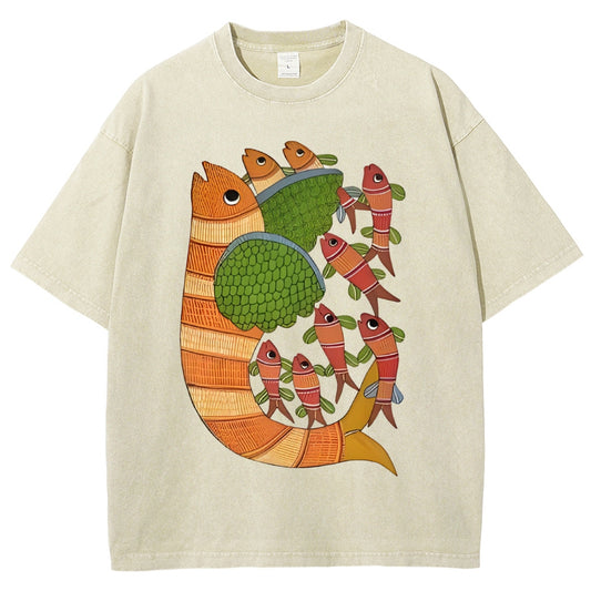 Unisex Vintage Fish Printed Washed Tee