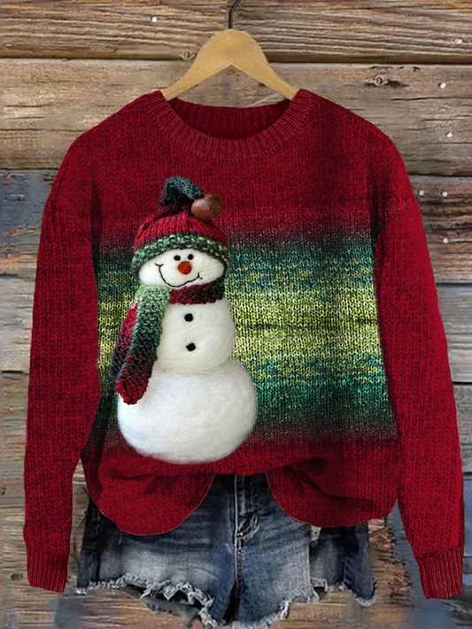 Women's Christmas Snowman Vintage Gradient Print Crew Neck Casual Knit Pullover