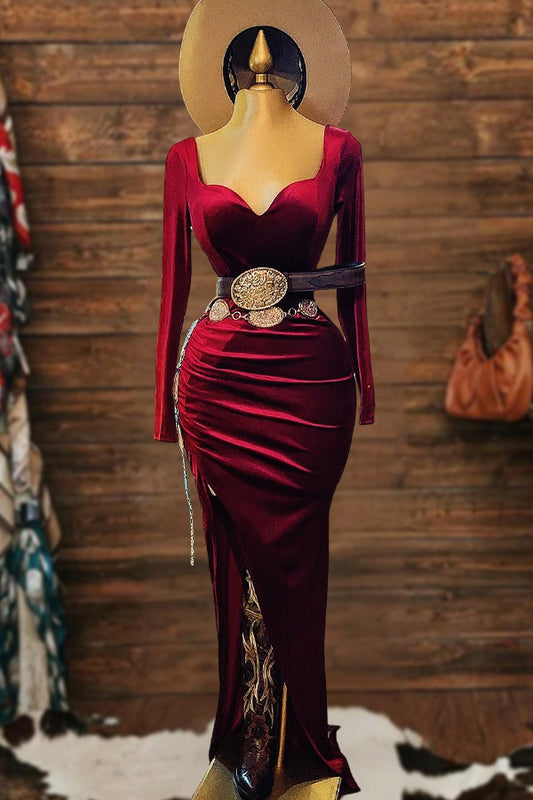 Retro Pleated Slit V-Neck Velvet Dress