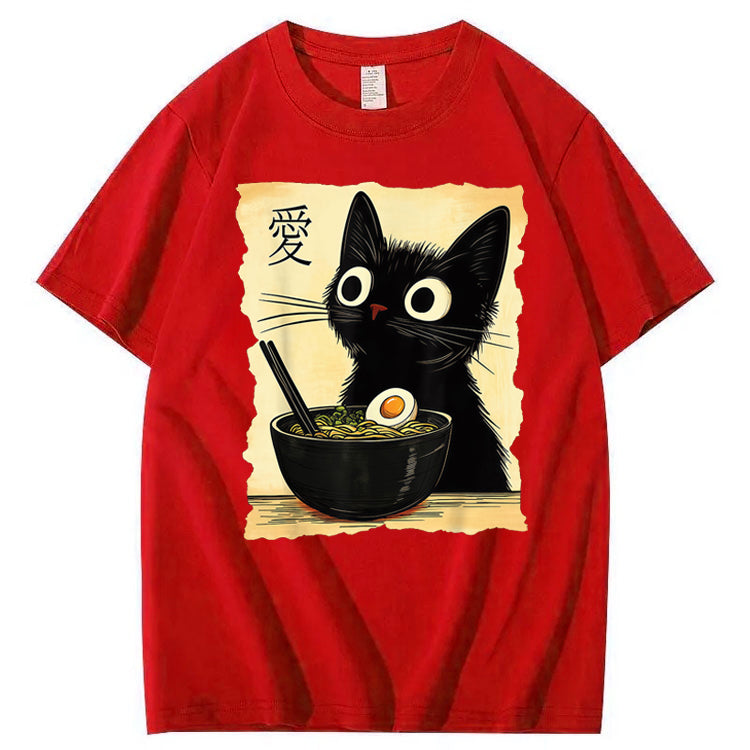 Funny Cat Ramen Graphic Tee Japanese Kawaii Anime Cat 100% Cotton T-Shirt