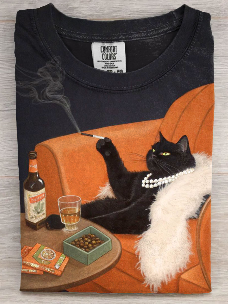 Funny Smoking Black Cat Art Print Casaul Short Sleeve T-shirt